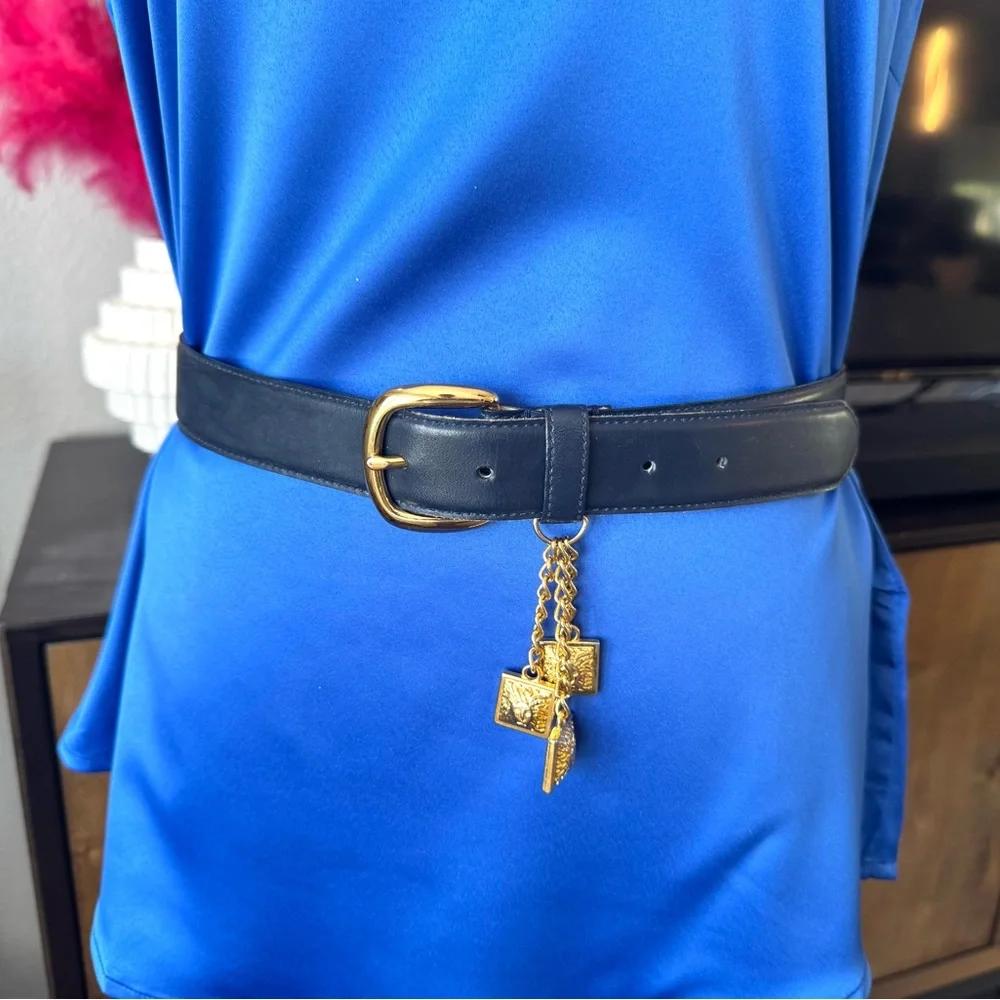 Anne Klein Black Leather Belt with Gold Lion Charms
